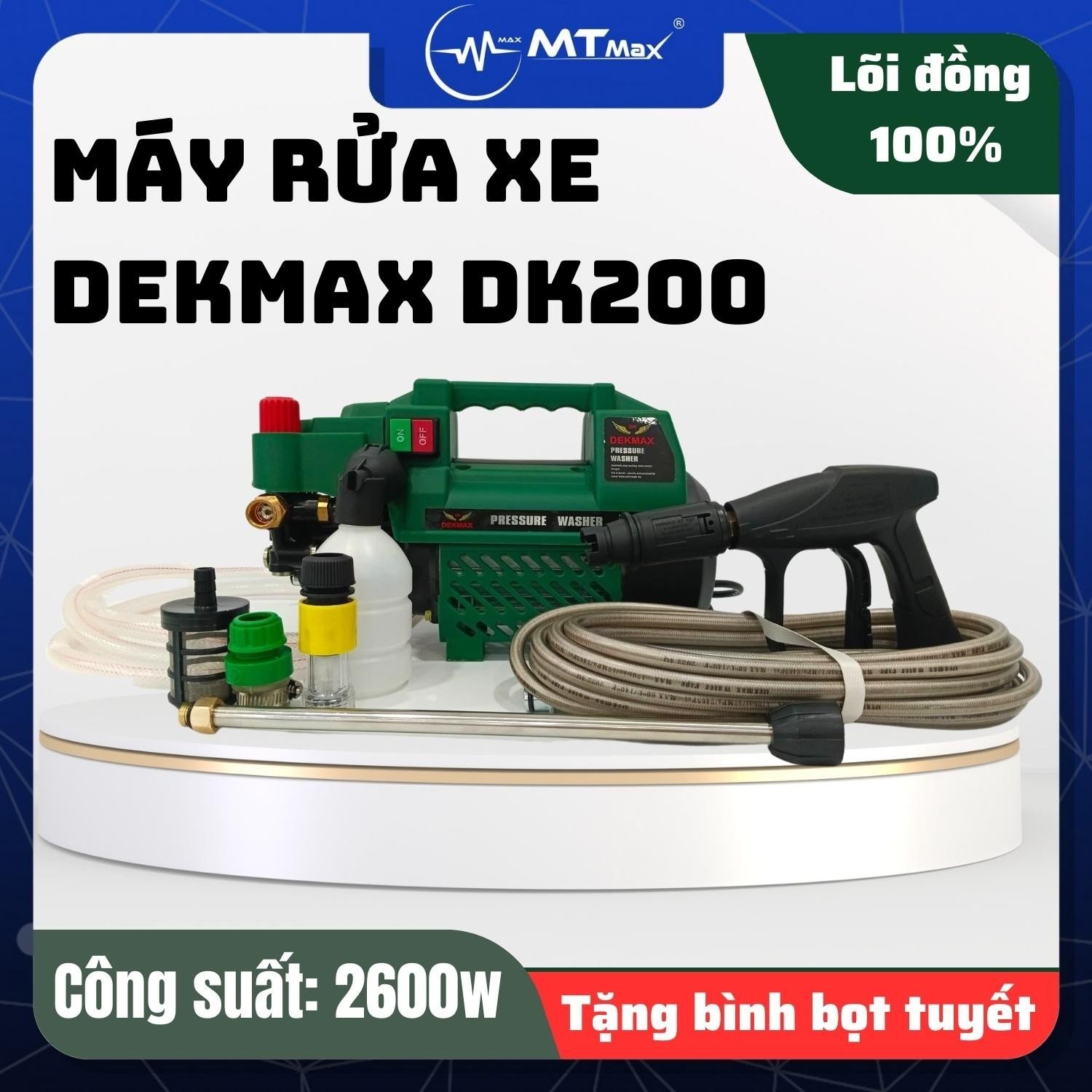 Máy Rửa Xe DEKMAX DK200 Lõi đồng 100%, Công Suất 2600W, Áp Suất Ổn Định , Lực Nước Điều Và Căng, Để Rửa Xe, Rữa Sân Vườn, Tưới Rau v.v...