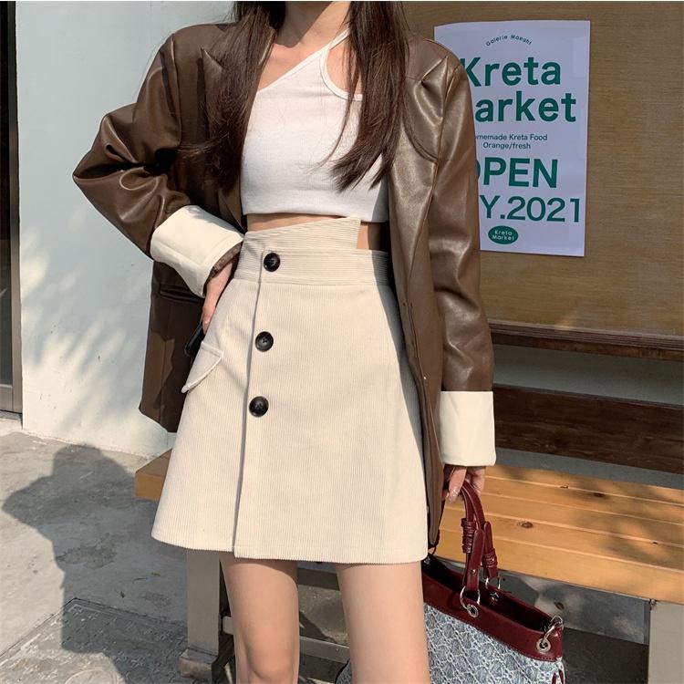 Chân Váy Chữ A Ngắn CHIPY Chất Nhung Tăm Giả Váy Phong Cách Hàn Quốc Ulzzang Kiểu Vintage Màu Kem Đen Bò Siêu Dễ Thương