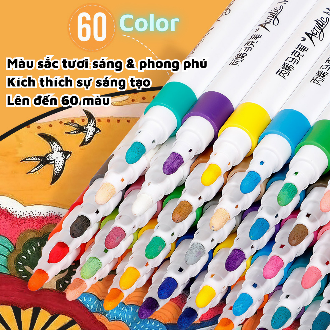 Bút lông tô màu Crylic Marker 60 màu cao cấp vẽ trên nhiều chất liệu, không thấm nước, chống nhòe dành cho học sinh - Hàng chính hãng