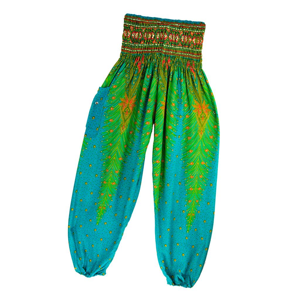 Women Fashion Colorful Peacock Shaped Casual Loose High Waist Long Yoga Pants with Pockets