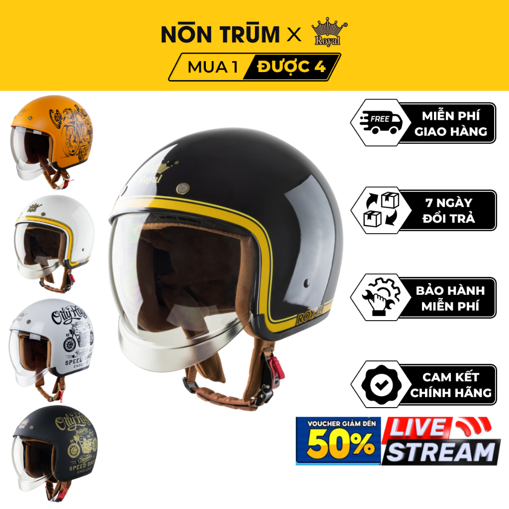 Mũ bảo hiểm xe máy 3/4 Royal M139 kính âm màu trà, nón tem màu cá tính có thể tháo rời lót, nhiều size chính hãng