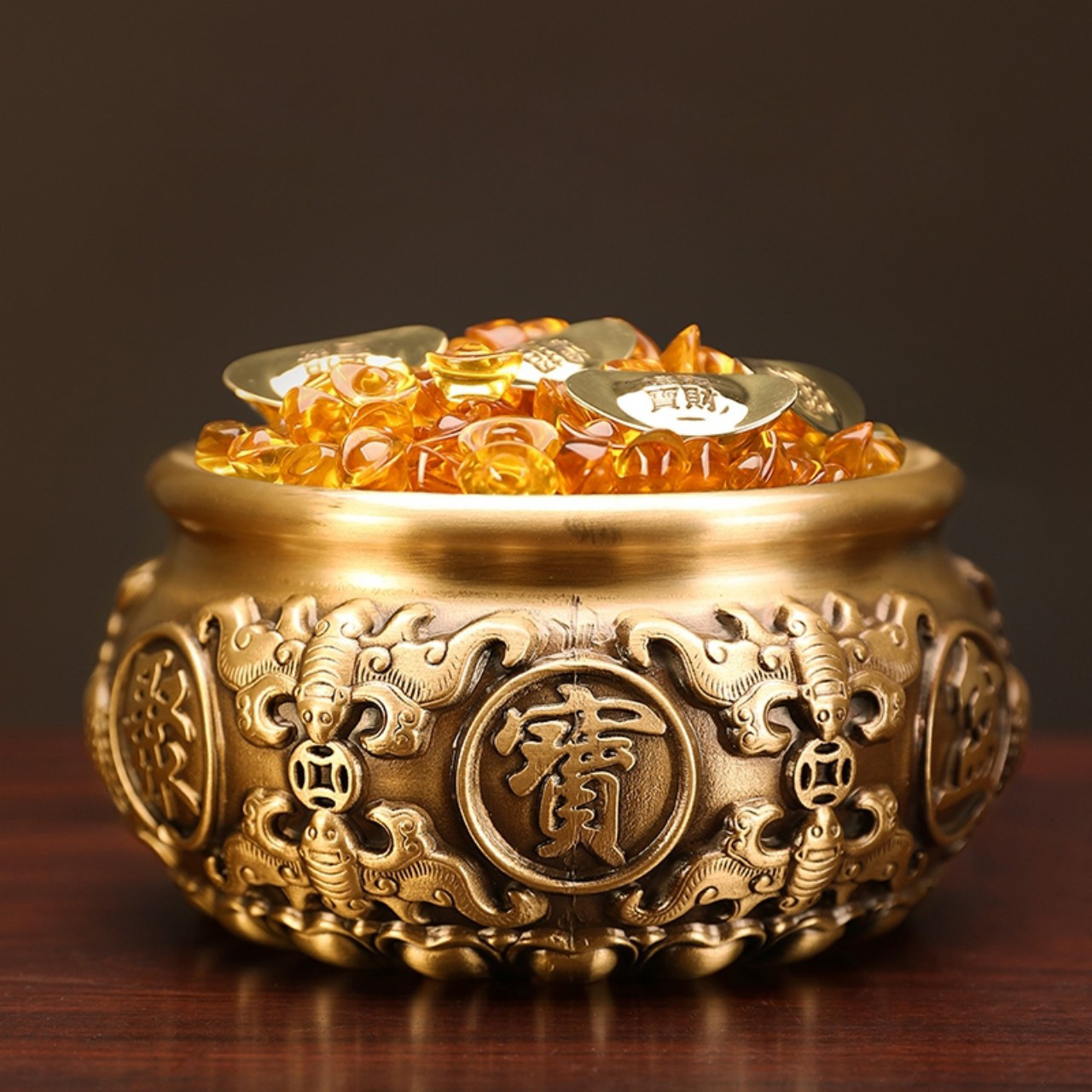 Bát bồn tụ bảo thần tài bằng đồng thau phong thuỷ Hồng thắng