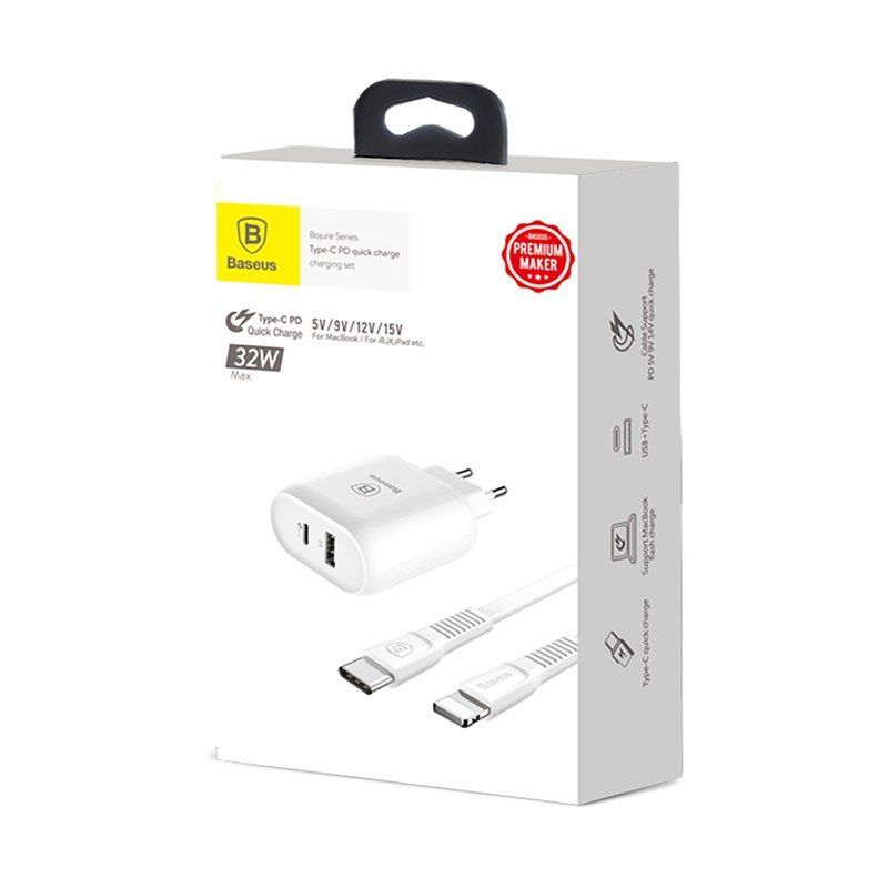 Bộ sạc nhanh cho iPhone X/XS/XS Max 32W kèm cáp Type-C to Lightning chuẩn PD+U Baseus Bojure - Hàng chính hãng