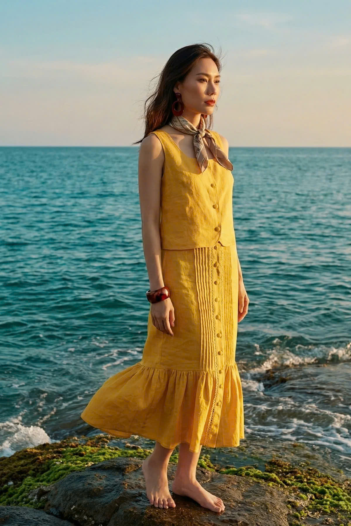 Váy Midi Lưng Thun Linen Vàng Tràng An SKI052 thời trang thiết kế Hity