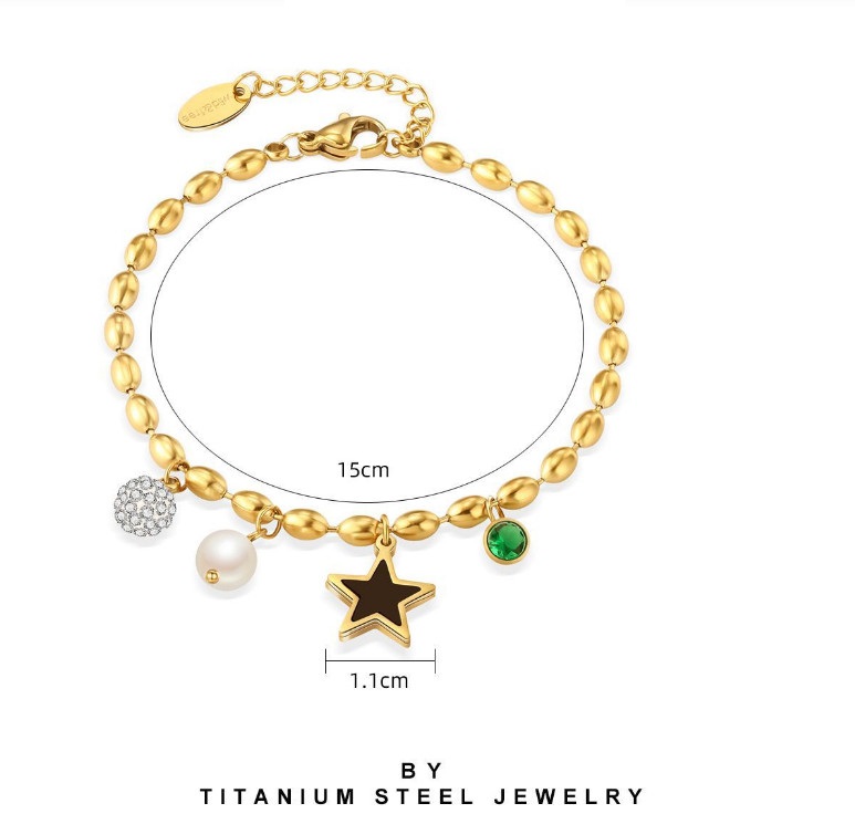 Lắc Tay Tòn Ten Ngôi Sao Và Trái Châu Chất Liệu Titan Không Han Rỉ TT 4469