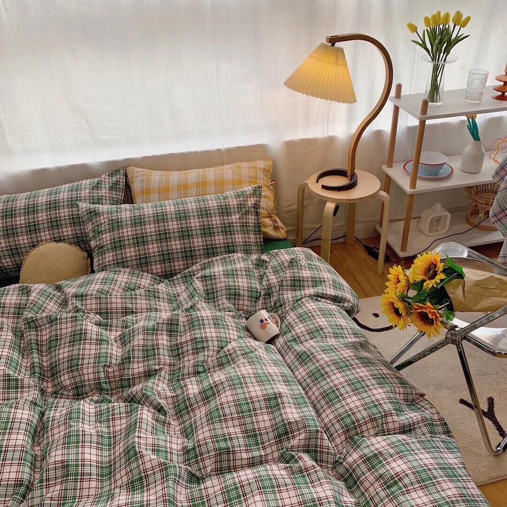 Bộ chăn ga Cotton Poly M2T BEDDIND phong cách Hàn Quốc - PL kẻ xanh lá