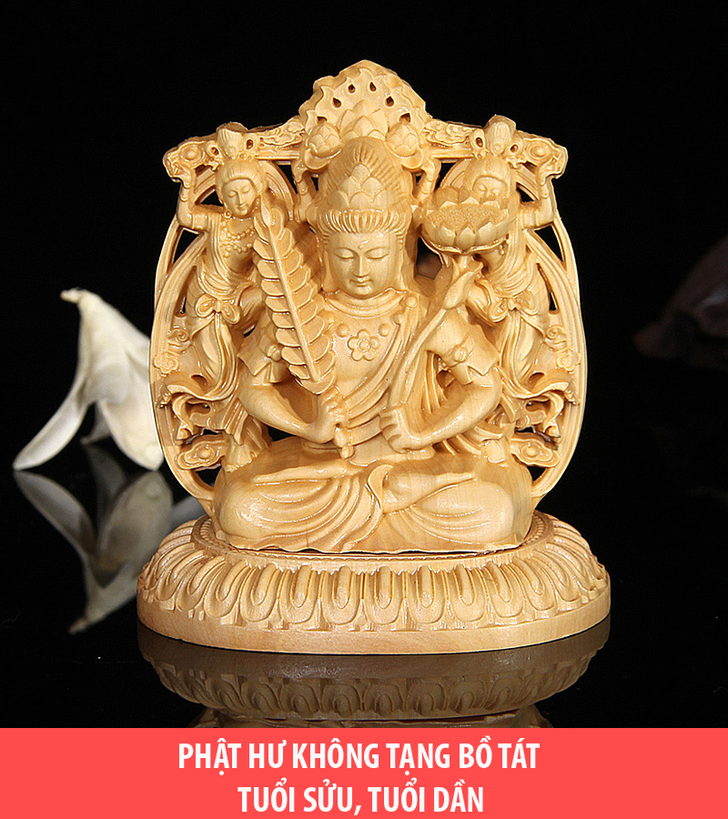 Tượng để xe ô tô phật Hư Không Tạng Bồ Tát bằng gỗ Hoàng Dương V183