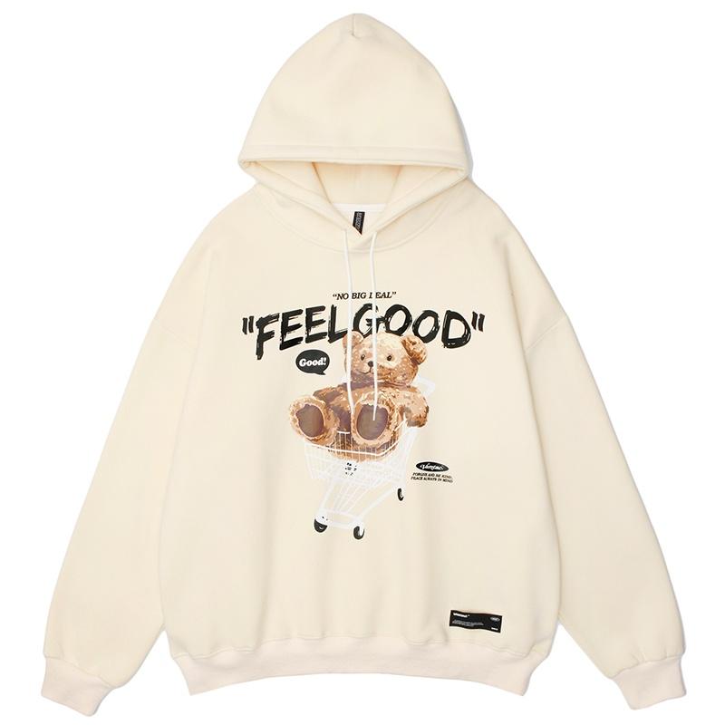 ÁO KHOÁC HOODIE NAM NỮ FORM RỘNG TAY PHỒNG MÀU BE VẢI NỈ DÀY MỊN, ÁO HOODIE UNISEX IN GẤU FEELGOOD