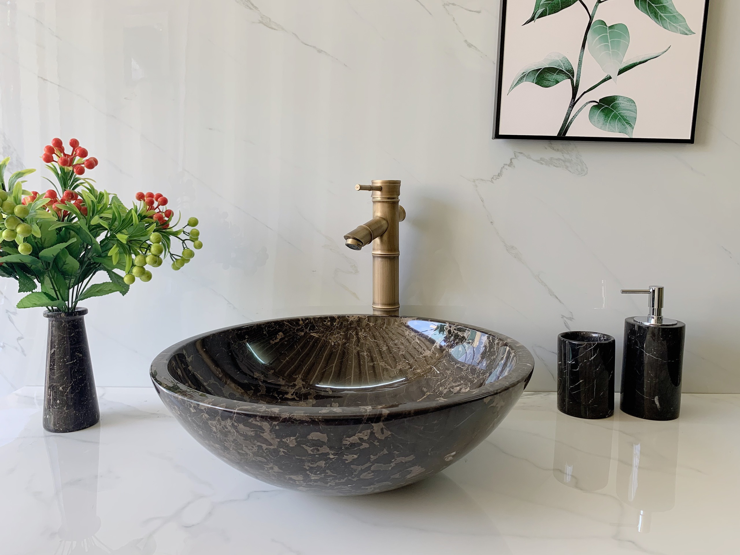 CHẬU LAVABO ĐÁ TỰ NHIÊN - TRÒN MỎNG MÀU NÂU Ý BST27