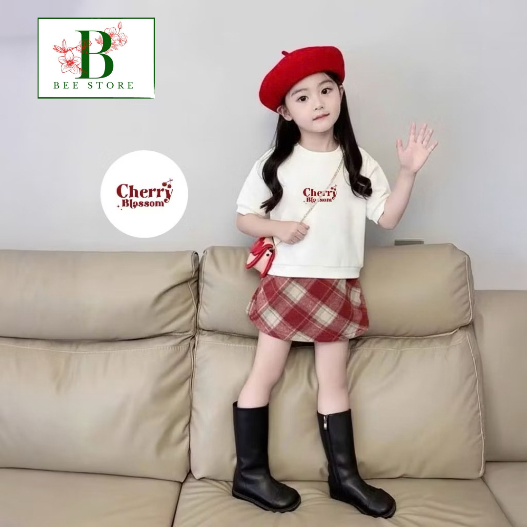 Set Váy Bé Gái Phối Nơ + Chân Váy Caro Dạ Chữ A Từ 8-45kg Dành Cho Bé Gái