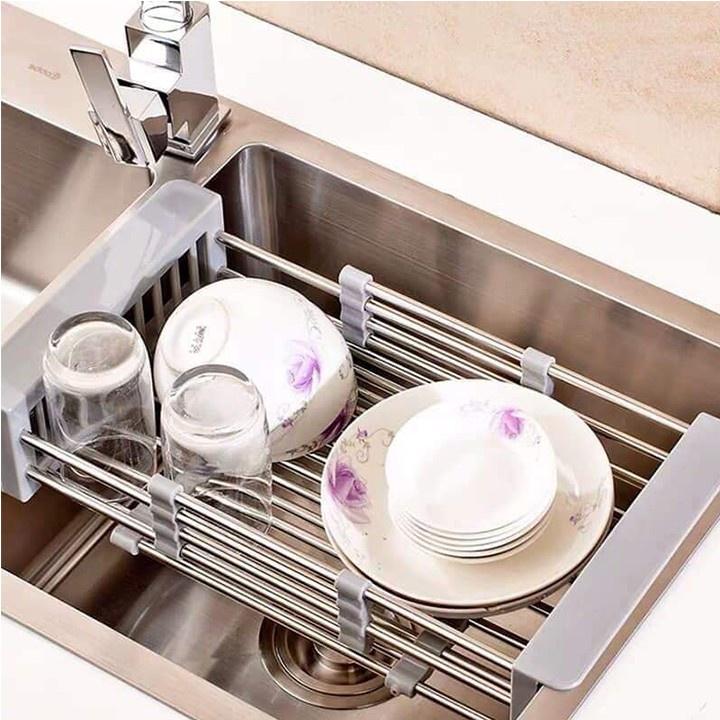 Khay inox gác bồn rửa chén co giãn tiện dụng