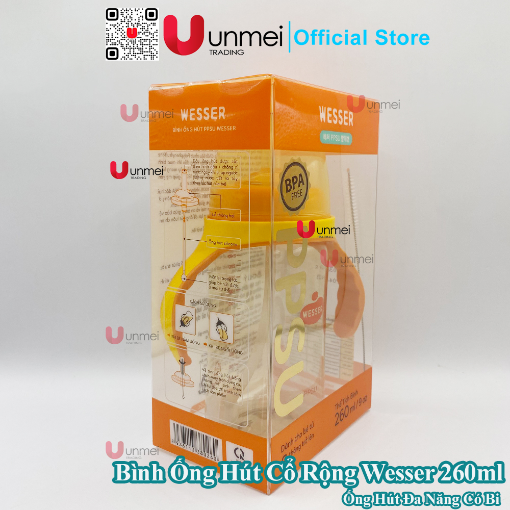 Bình Cổ Rộng Ống Hút PPSU Wesser , Bình Tập Uống Cho Bé Từ 6m+ Trở Lên, Có Tay Cầm Cho Bé