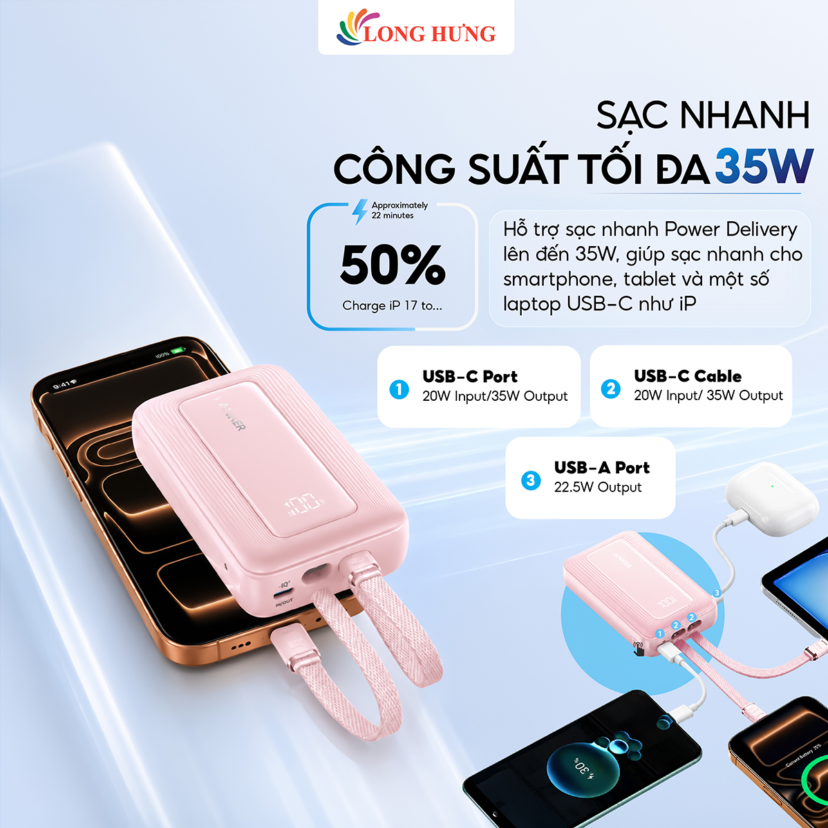 Sạc dự phòng Anker Zolo Power Bank 1USB 1Type-C 35W 10000mAh A110L - Hàng chính hãng