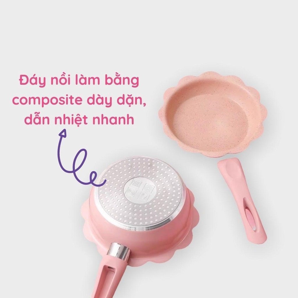 Bộ nồi chảo đá 4 món nấu ăn dặm cho bé, men đá chống dính kèm chảo và xửng hấp inox cho bé