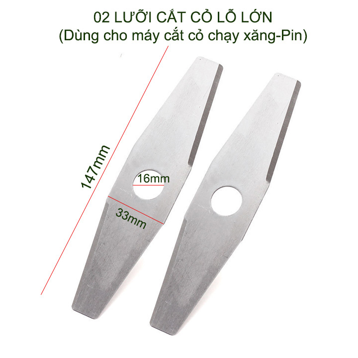 Bộ 2 Lưỡi cắt cỏ thép dẹt lỗ lớn D16mm, dài 147mm, dùng cho máy cắt cỏ chạy xăng