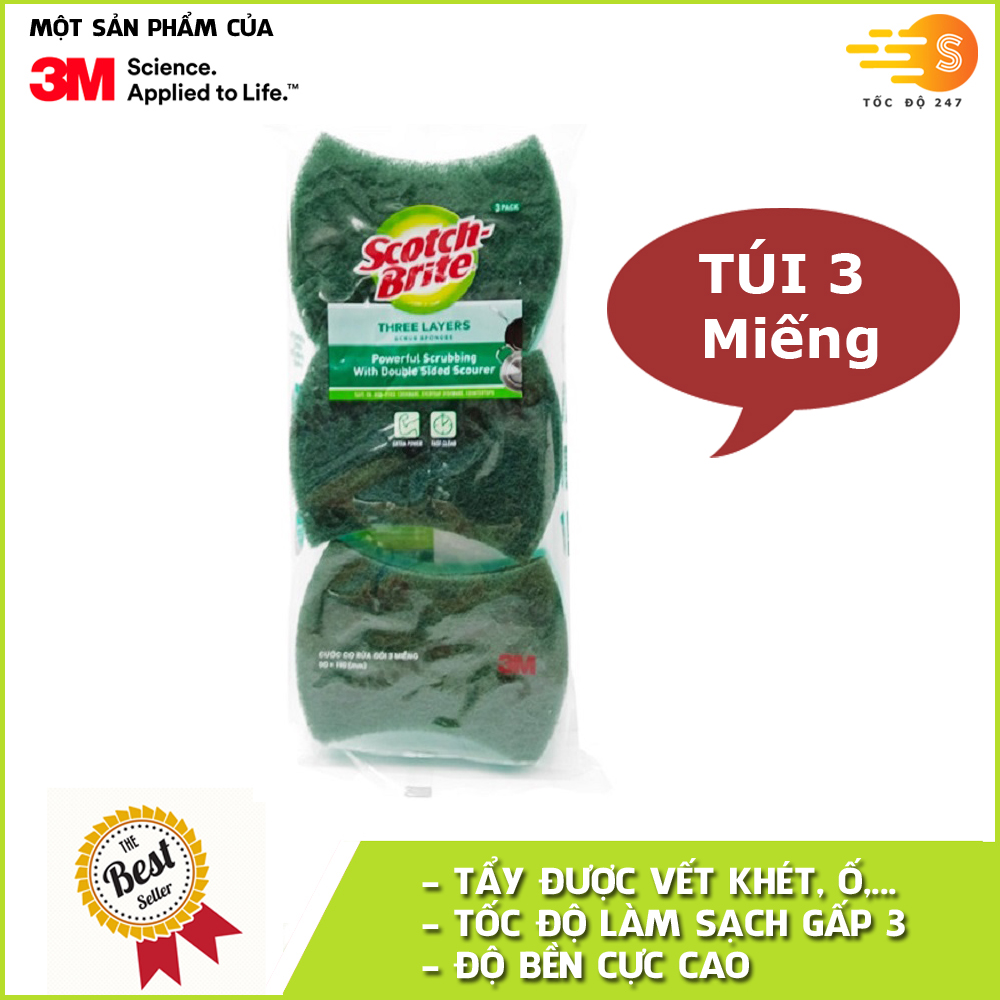 Gói 3 miếng rửa chén 2 mặt không trầy xước Scotch-Brite 3M CR-2MG3 - đa năng, 3 tác động làm sạch, độ bền cao, công nghệ độc quyền