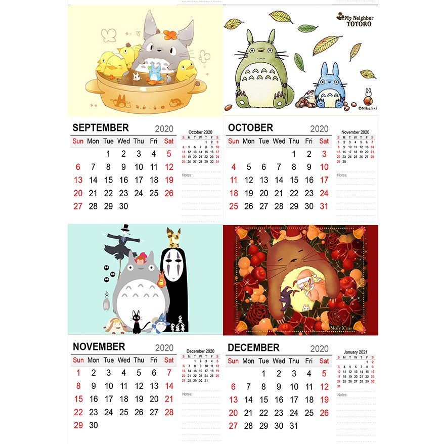 Lịch treo tường totoro size A4 13 tờ dễ thương 2020 anime chibi trang trí trưng bày tặng thẻ Vcone