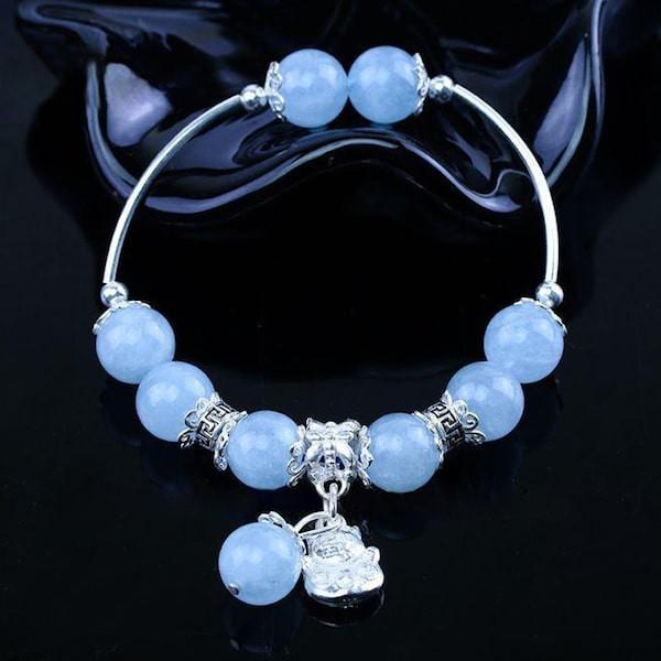 Vòng tay phong thủy đá Aquamarine 10 ly Mix Charm Bạc 925 Mèo May Mắn