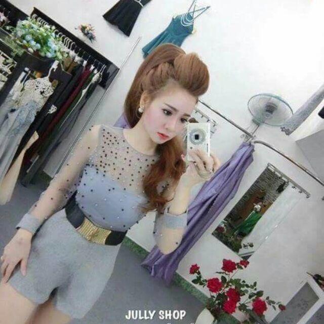 Jump short phối lưới tay dài đính cườm