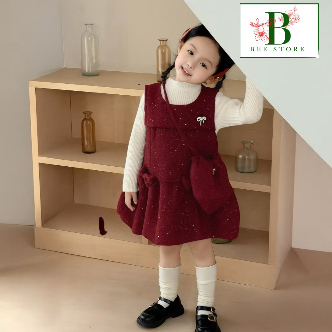 Set Đầm Nhung Đính Đá Bé Gái &amp; Túi Đeo Tone Đỏ Từ 12-33kg Dành Cho Bé Gái