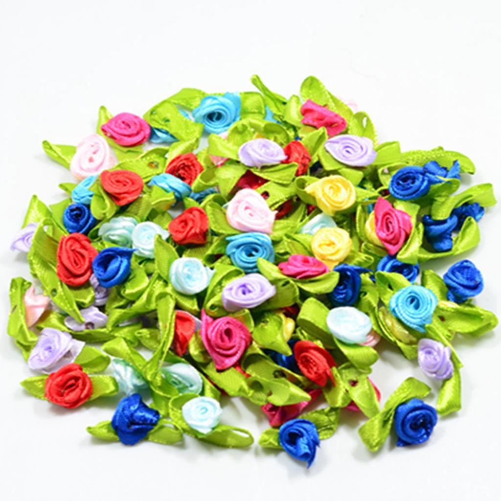 4-6pack 100 Pieces Mini Satin Ribbon Flowers Rose Leaf Decoration Craft DIY
