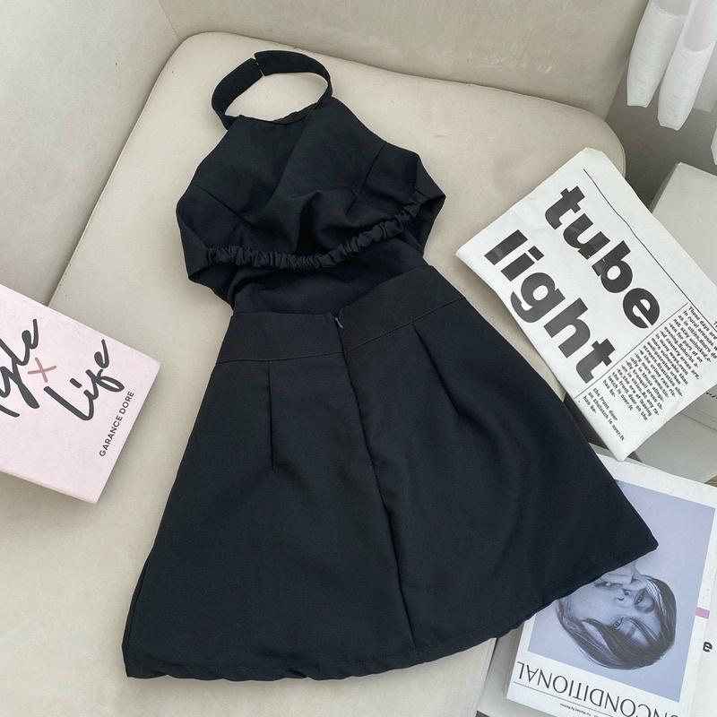 SET ĐẦM YẾM ĐEN CUTOUT LƯNG KÈM KHOÁC NGOÀI