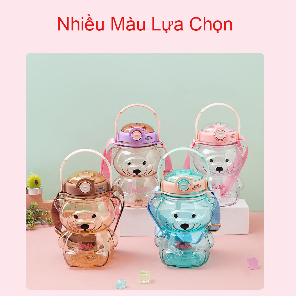Bình Đựng Nước Hình Gấu Slime KuTe Nhựa Cao Cấp Dung tích 1000ml Kèm Ống Hút