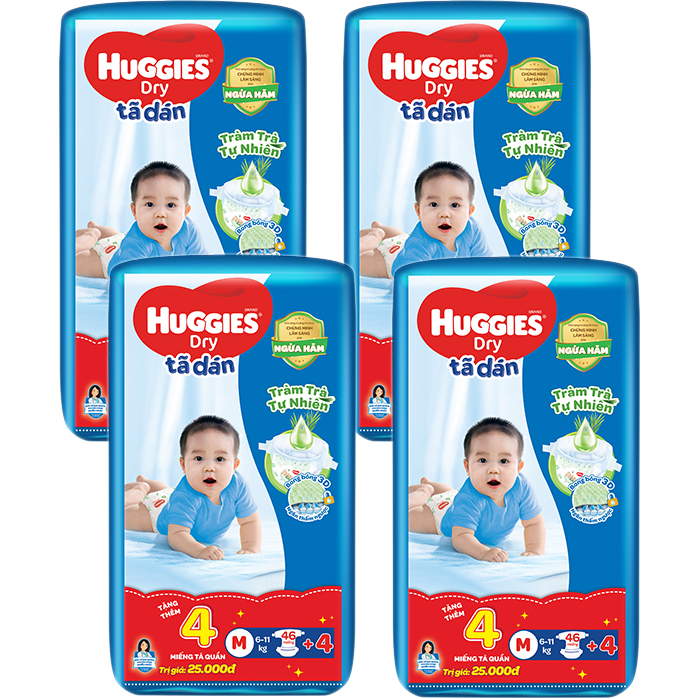 Combo 4 Tã dán HUGGIES DRY JUMBO M46 (6-11kg)  - Gói 46 miếng Tràm Trà + Tặng 4 miếng