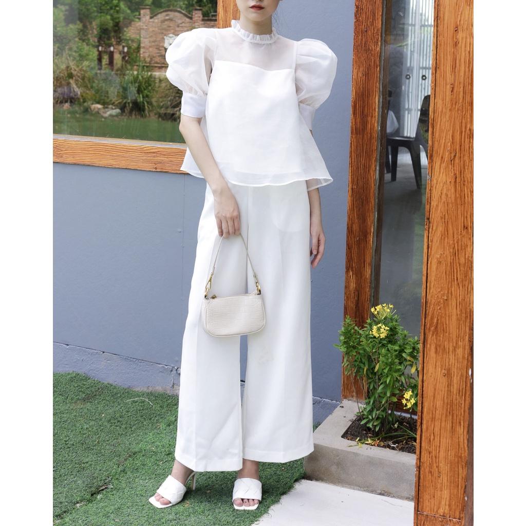 KIOBI – Quần dài Long Pants form suông cơ bản,lưng cao,ống loe,có túi, nhún thun sau eo, vải cotton bố trắng - KIQ19111T