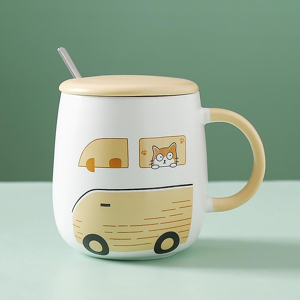 Bộ cốc sứ, Cốc đánh răng, Quà lưu niệm, cute kèm nắp hình mèo và muỗng dễ thương 450ml