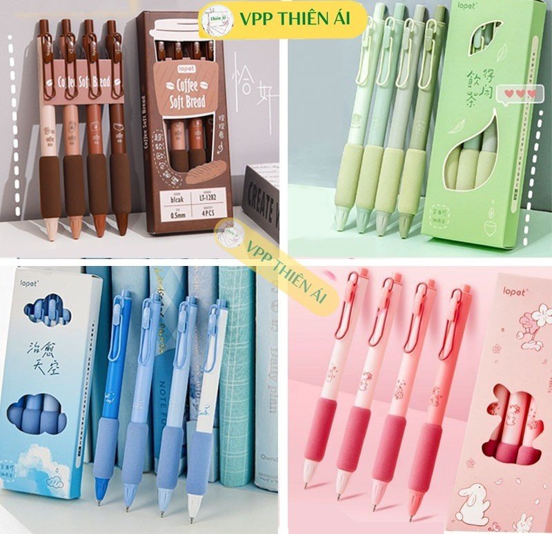 Hộp 4 Bút Gel Lopet Cao Cấp Mực Đen Ngòi 0.5mm Có Đệm Tay Màu Pastel Siêu Xinh - VPP Thiên Ái