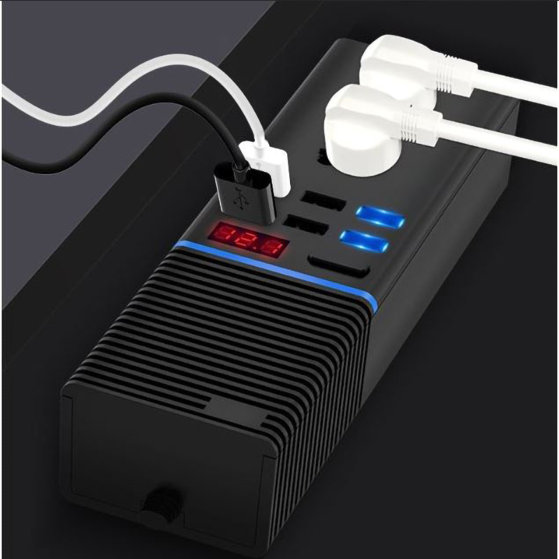Bộ đổi nguồn 12V sang 220V công suất 200W 4 chân cắm USB, 2 cổng sạc nhanh,2 đầu cắm tẩu