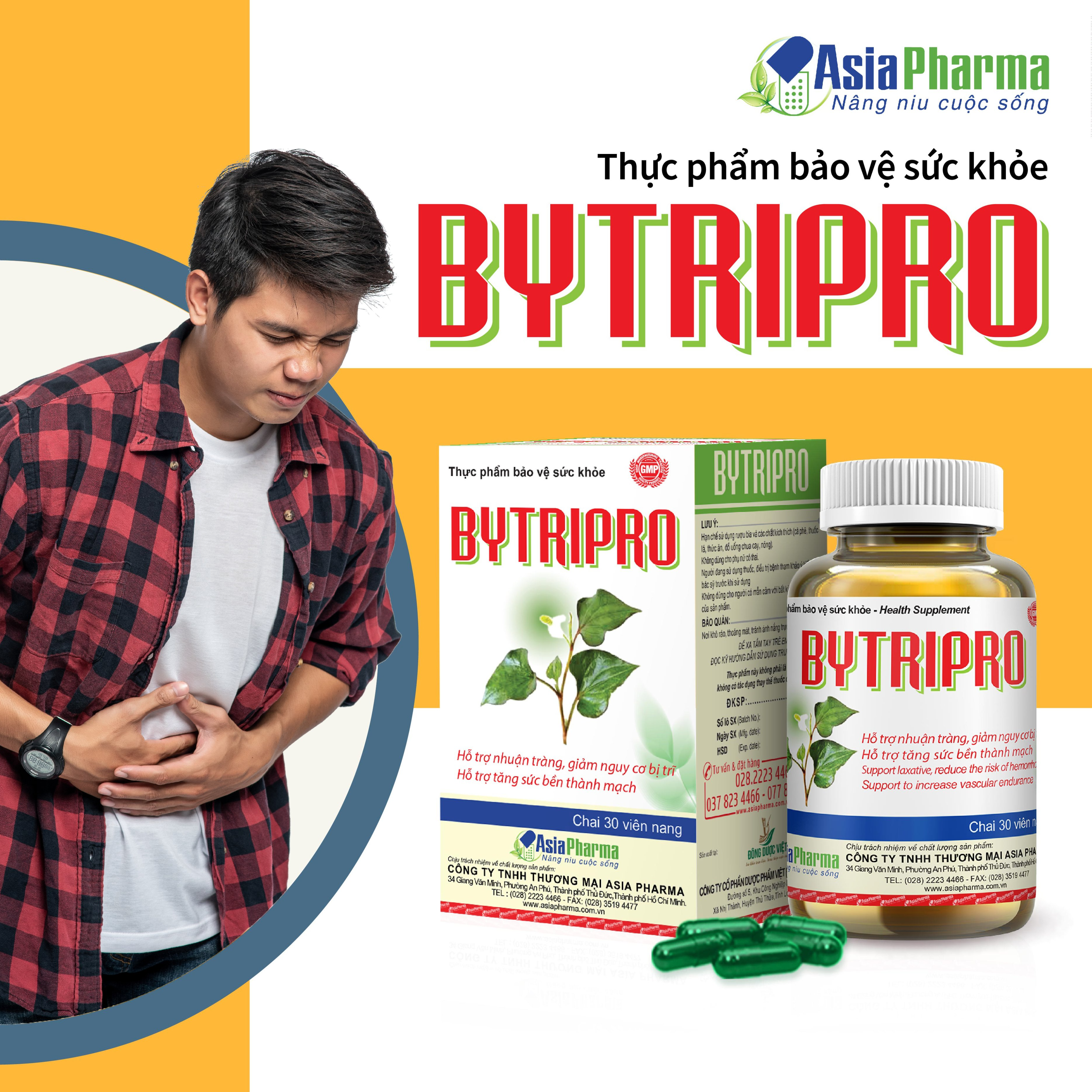 Viên uống tiêu trĩ Bytripro Asia Pharma hỗ trợ nhuận tràng, giảm táo bón - Hộp 30 viên