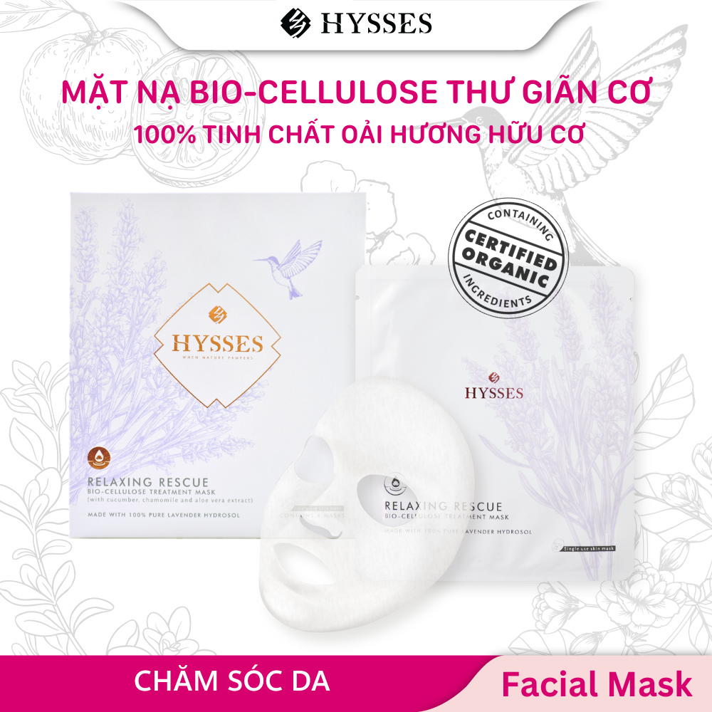 Mặt Nạ Sinh Học Cao Cấp Hysses Bio Cellulose Relaxing Giảm Tình Trạng Kích Ứng, Mẩn Đỏ, Se Nhỏ Lỗ Chân Lông, Mờ Nếp Nhăn, Cấp Ẩm Tức Thì Với Tinh Dầu Oải Hương Hữu Cơ Tự Nhiên (Hộp 4 Miếng)