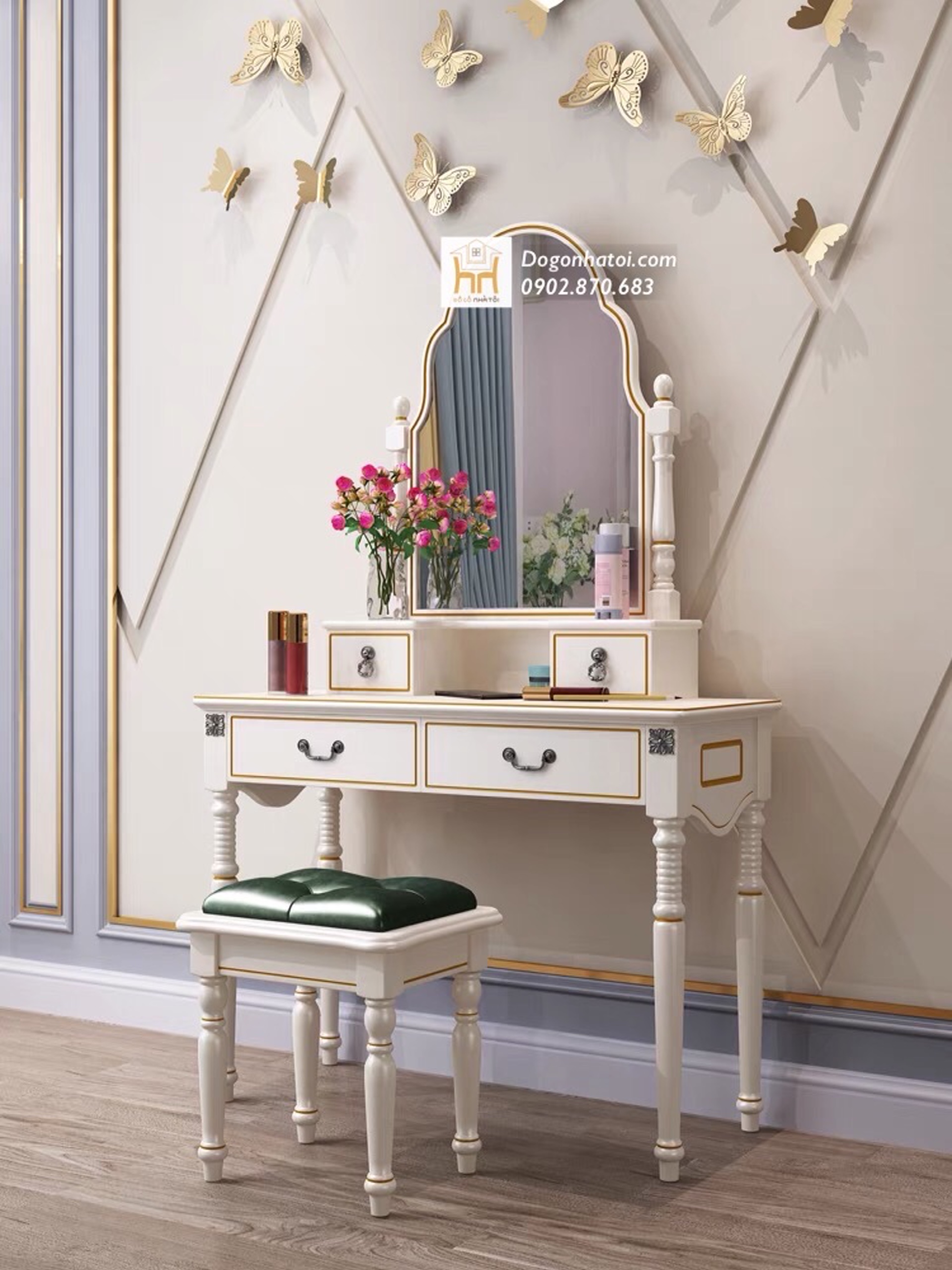 BÀN TRANG ĐIỂM TÂN CỔ ĐIỂN GỖ SỒI MỸ TỰ NHIÊN ĐẸP BT-301