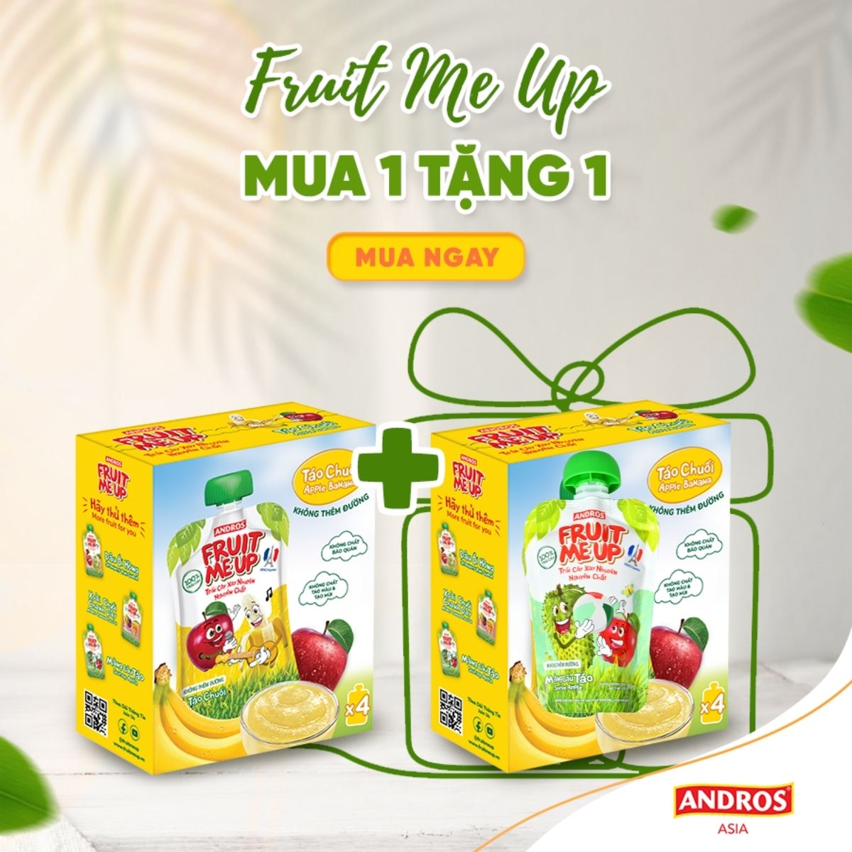 Trái Cây Xay Nhuyễn Nguyên Chất Andros Fruit Me Up  - Xoài Chuối Chanh Dây - Hộp 4 Túi (90g x 4)