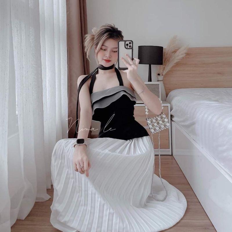 SET BỘ ÁO CỔ YẾM XẾP TẦNG BÈO VỚI CHÂN VÁY DÀI