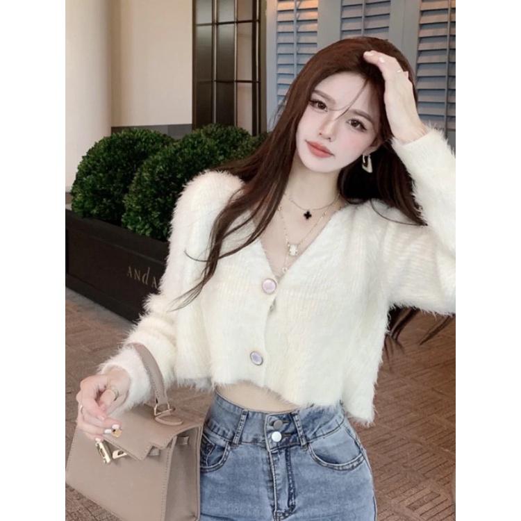 Áo khoác cardigan lông thỏ dáng lửng, áo len nữ croptop hàng QUẢNG CHÂU CDG3