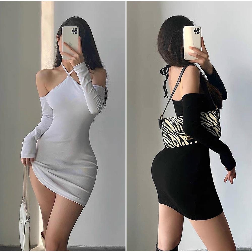 Đầm Body Trễ Vai Tay Dài PINKSTORE29 Phối Cổ Yếm, Tôn Dáng Gợi Cảm D053