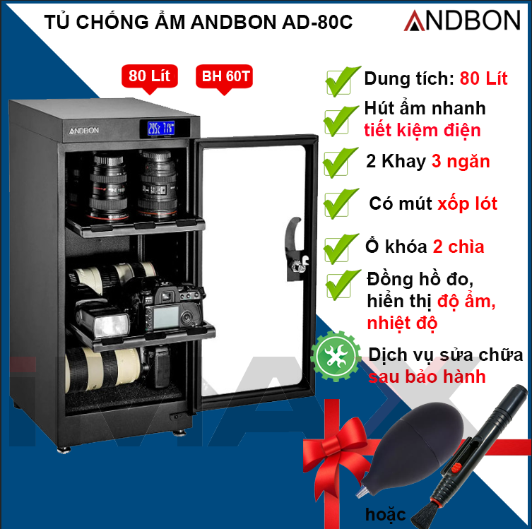 TỦ CHỐNG ẨM ANDBON AD-80C, 80 LÍT LOẠI 2 KHAY - HÀNG CHÍNH HÃNG