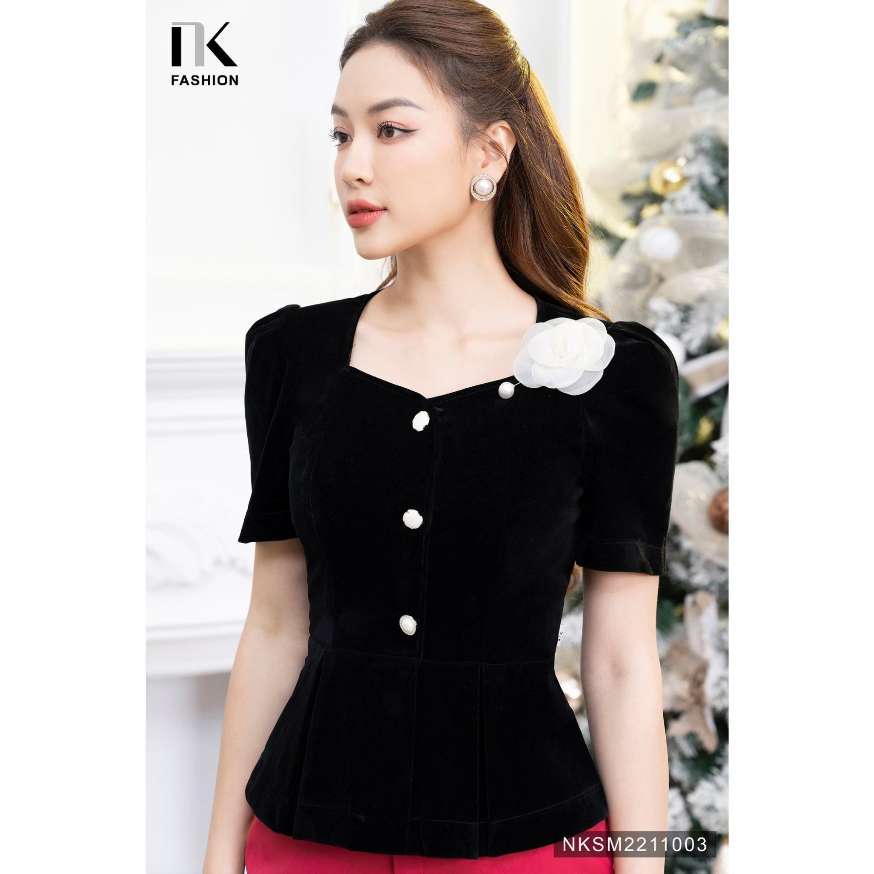 Áo Nhung Peplum Tay Ngắn NK FASHION Thiết Kế Cổ Vuông Sang Trọng Chất Vải Nhập Hàn Cao Cấp NKSM2211003