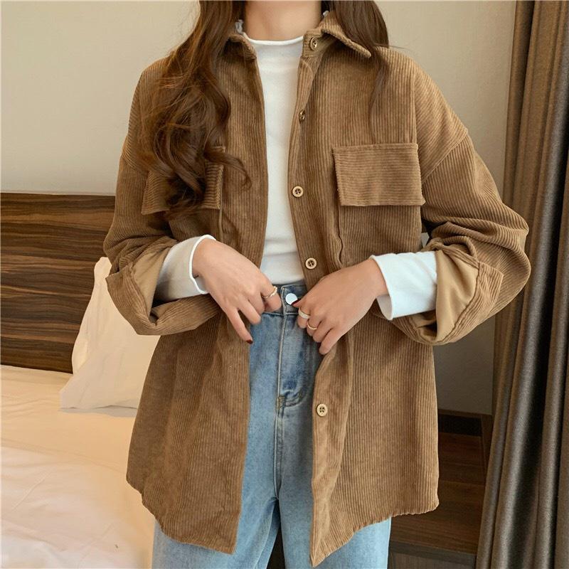 Áo Sơ Mi Nhung Tăm Gân 2 Túi Nút Bấm Form Rộng Unisex Nam Nữ Style Hàn Quốc Ulzzang KUN