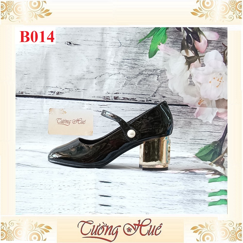 Giày Búp Bê Da Bóng Mũi Vuông Quai Ngang Đính Ngọc Trai Gót Cao 6CM