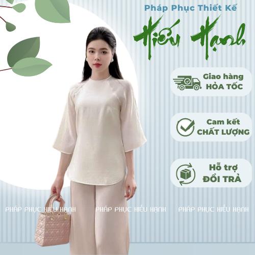 Pháp phục nữ đi chùa set bộ tơ màu trắng đính ngọc trai thiết kế tay lỡ thanh lịch, nhẹ nhàng