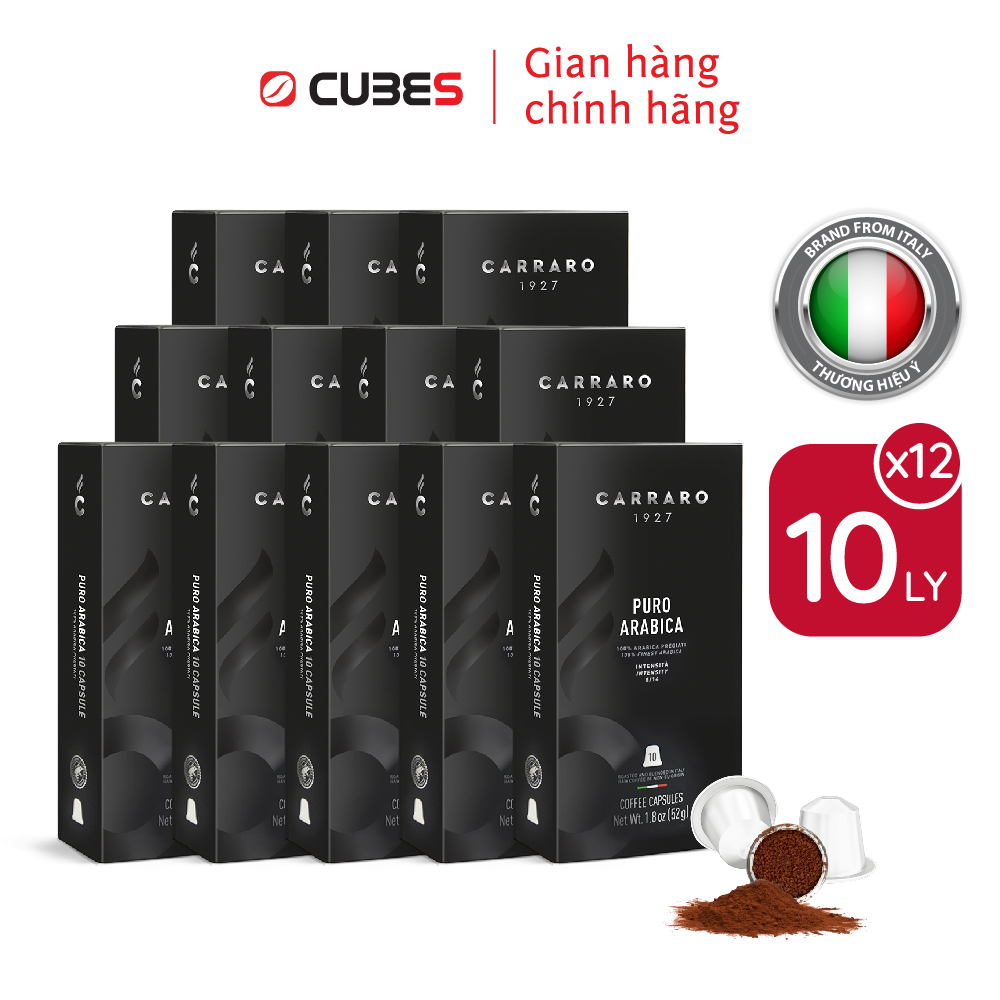 [Bao bì mới] Combo 12 Hộp Cà Phê Viên Nén Capsule Italy Carraro Nespresso Puro Arabica (52gr/ hộp) - Nhập khẩu chính hãng 100% từ thương hiệu Carraro, Ý
