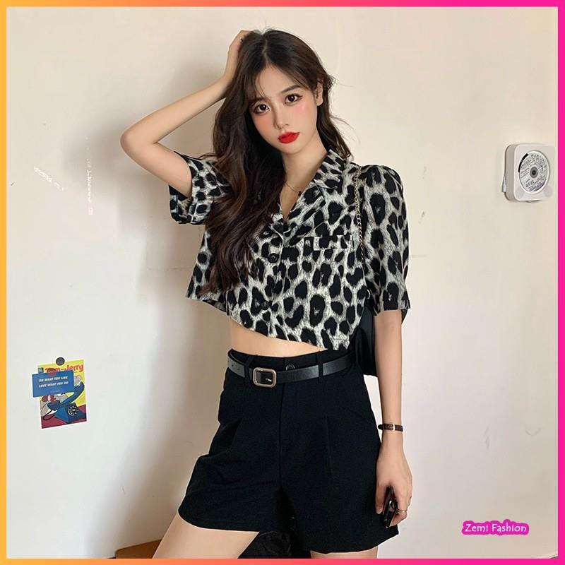 Áo Sơ Mi Croptop, Áo Croptop Nữ Họa Tiết Da Báo Cổ Vest Ulzzang