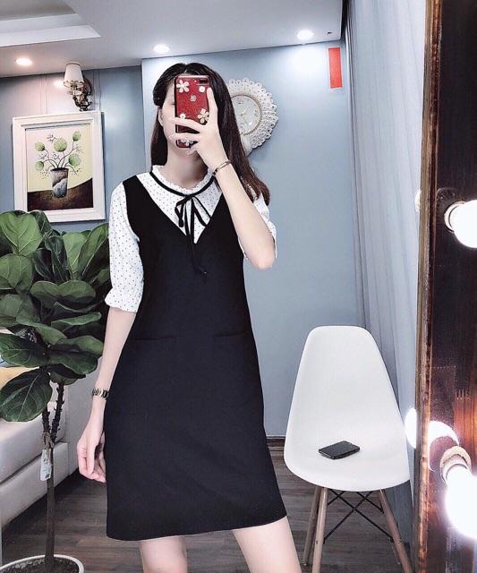 Đầm liền suông phối màu thắt nơ cổ DVCC