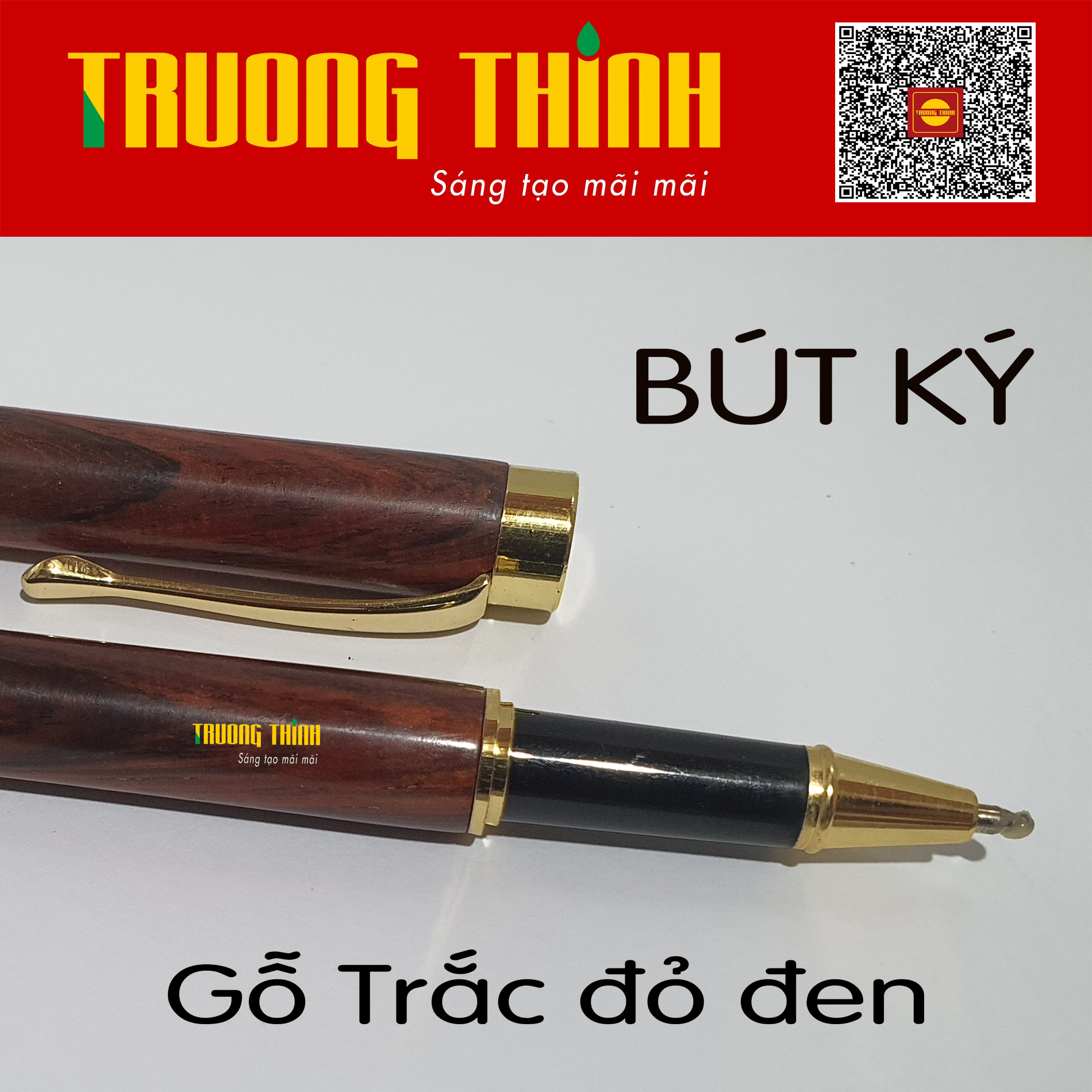 Bút Ký Gỗ Trắc Đỏ Đen Cao Cấp Chính Hãng Trường Thịnh Đẳng Cấp Doanh Nhân - Gắn Đồng Nguyên Khối. Loại Rút 14.5 cm