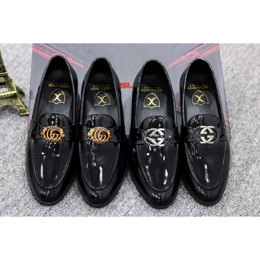 GIÀY LƯỜI NAM CAO CẤP-CHẤT LIỆU DA pu mềm 100%-CÓ ĐAI GC SANG TRỌNG-ĐẾ CAO SU BỀN BỈ CAO 3M-MÃ G020 MÀU ĐEN DA BÓNG