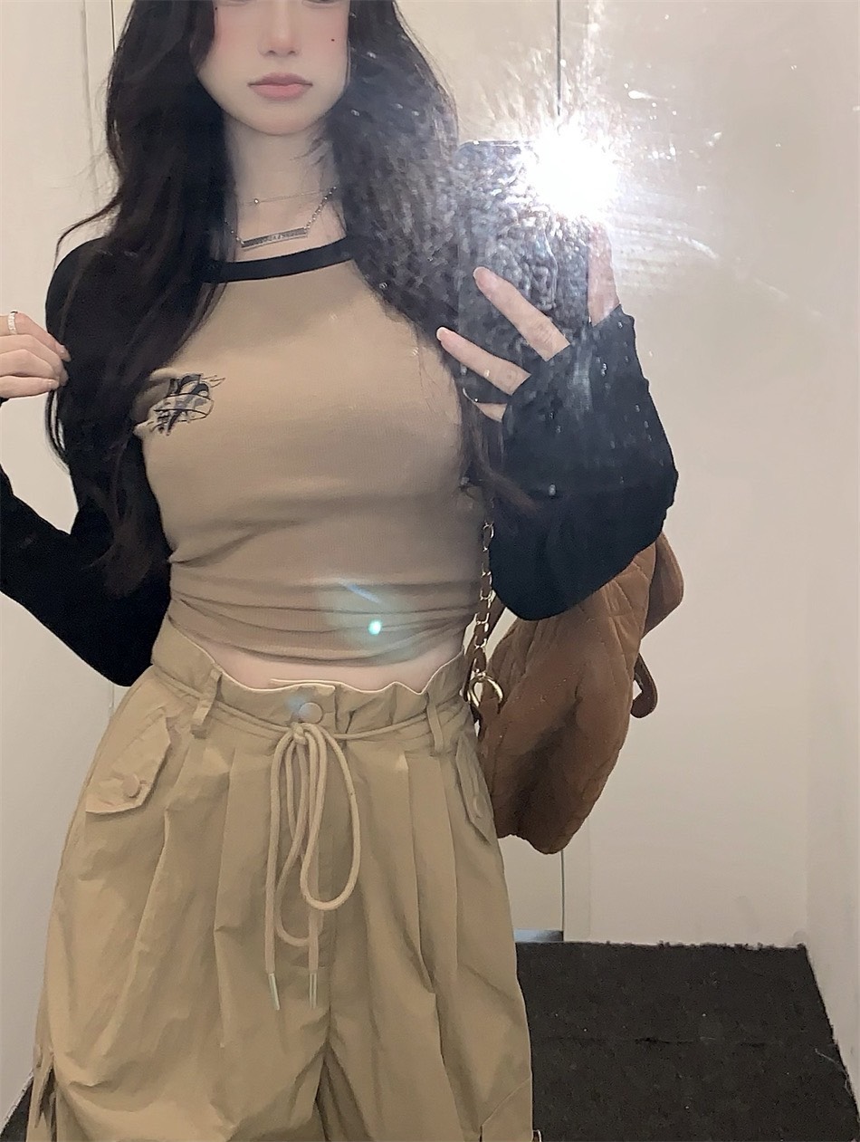 SET ÁO CROPTOP THUN RAGLAN TAY DÀI + QUẦN SUÔNG ỐNG RỘNG TÚI HỘP